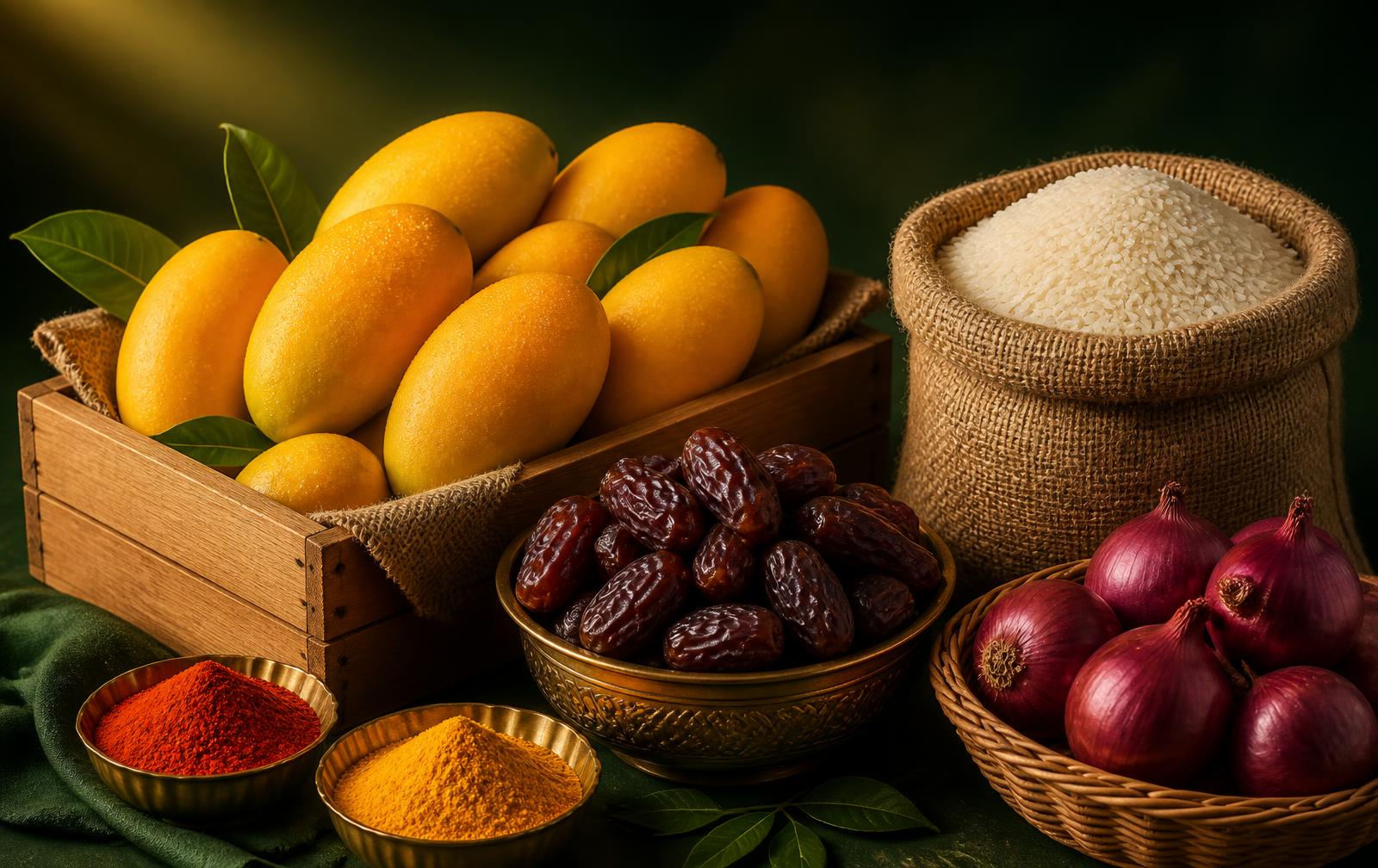 Pakistani mangoes, dates, basmati rice, spices and onions prepared for export